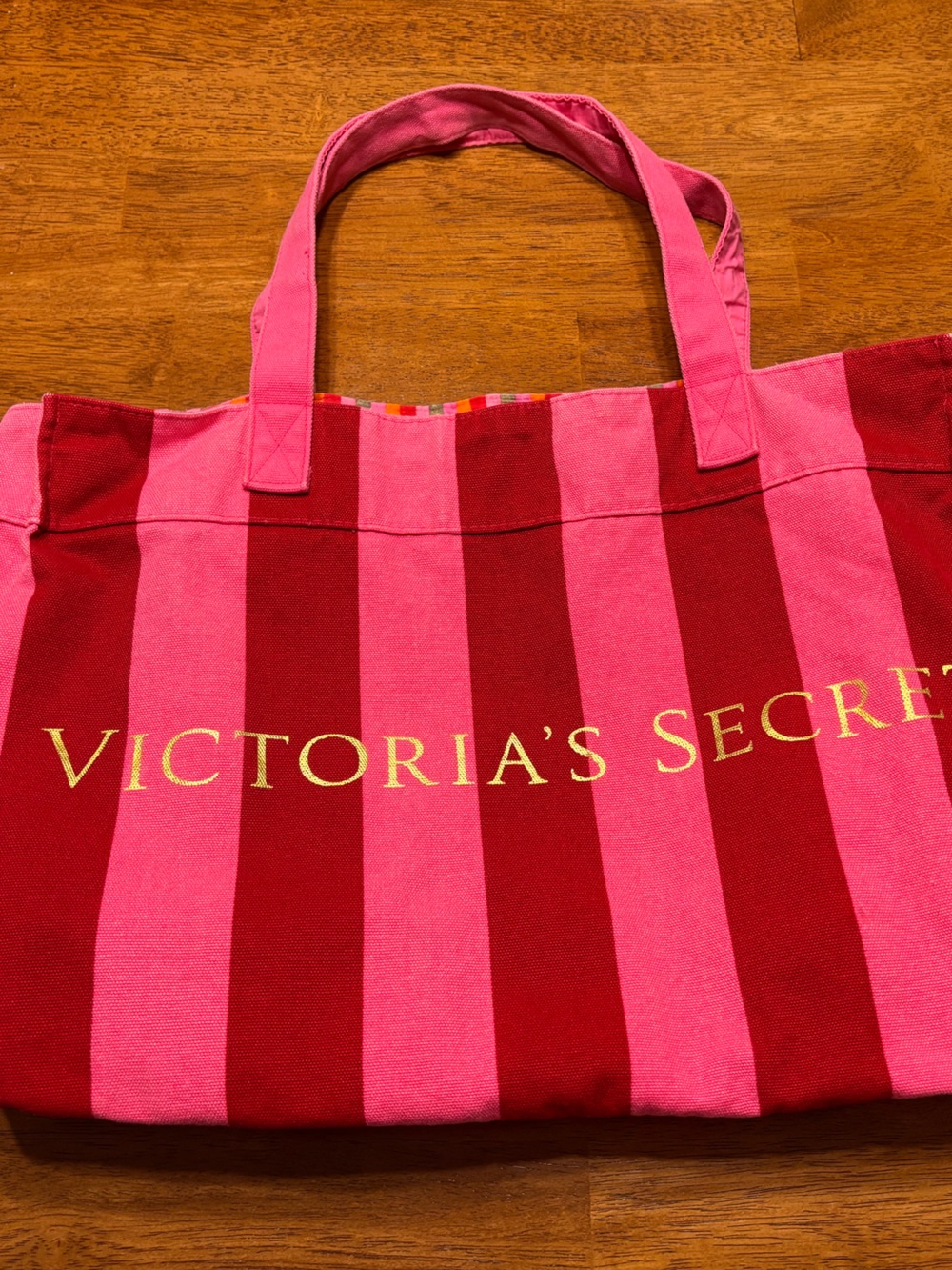 Victoria's Secret Pink and Red Striped Canvas Tote with Gold Logo